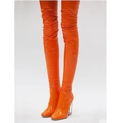 Transparent Chunky Slim Thigh High Boots Autumn Winter Fashion Show Boots Zipper Square Toe Over The Knee Patent Leather Shoes