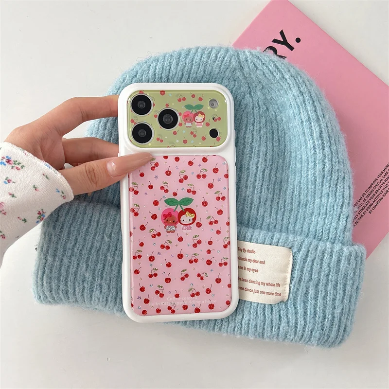 

Cute Pink Green Cherry Cartoon Phone Case with Glitter For iPhone 17 16 15 Pro Max White Frame Protective Cover For Girls