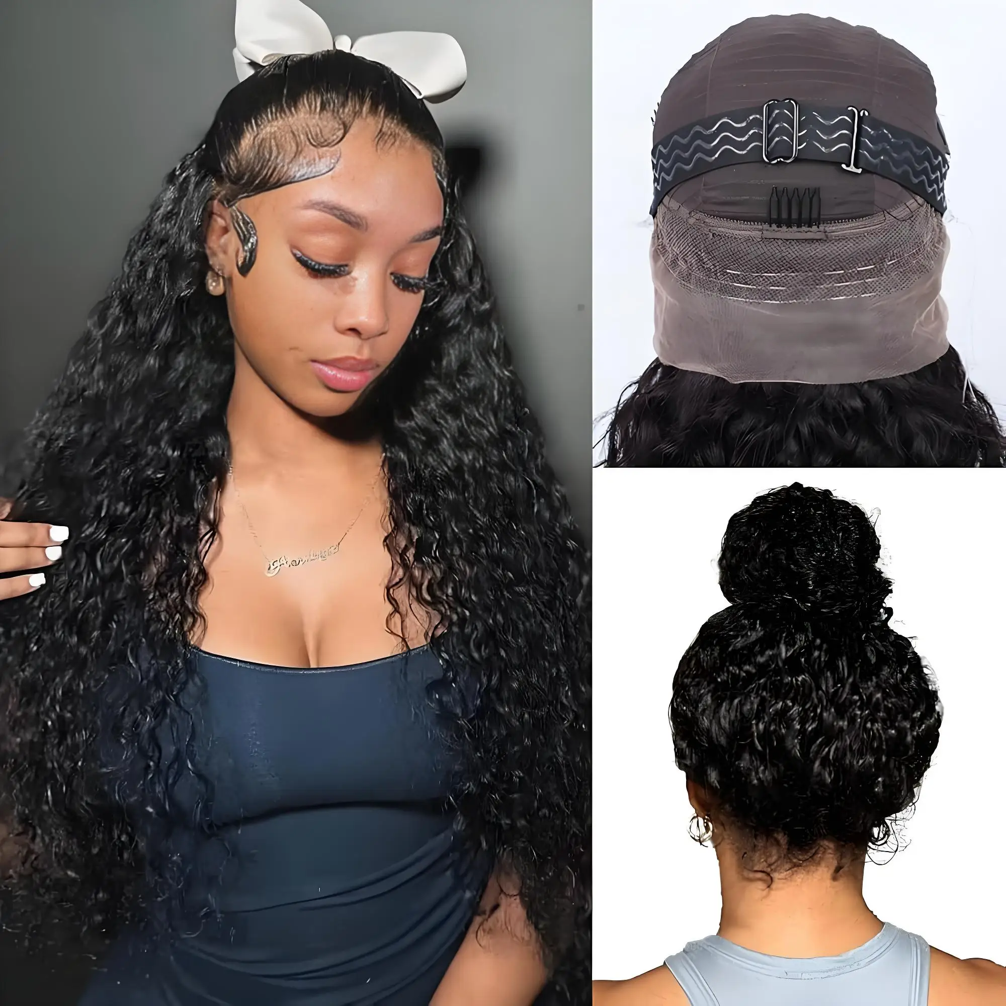 

360 Full HD Lace Wig 250 Density Deep Water Kinky Curly Black Human Hair Pre Plucked Invisi Strap Drawstring Adjustable Glueless