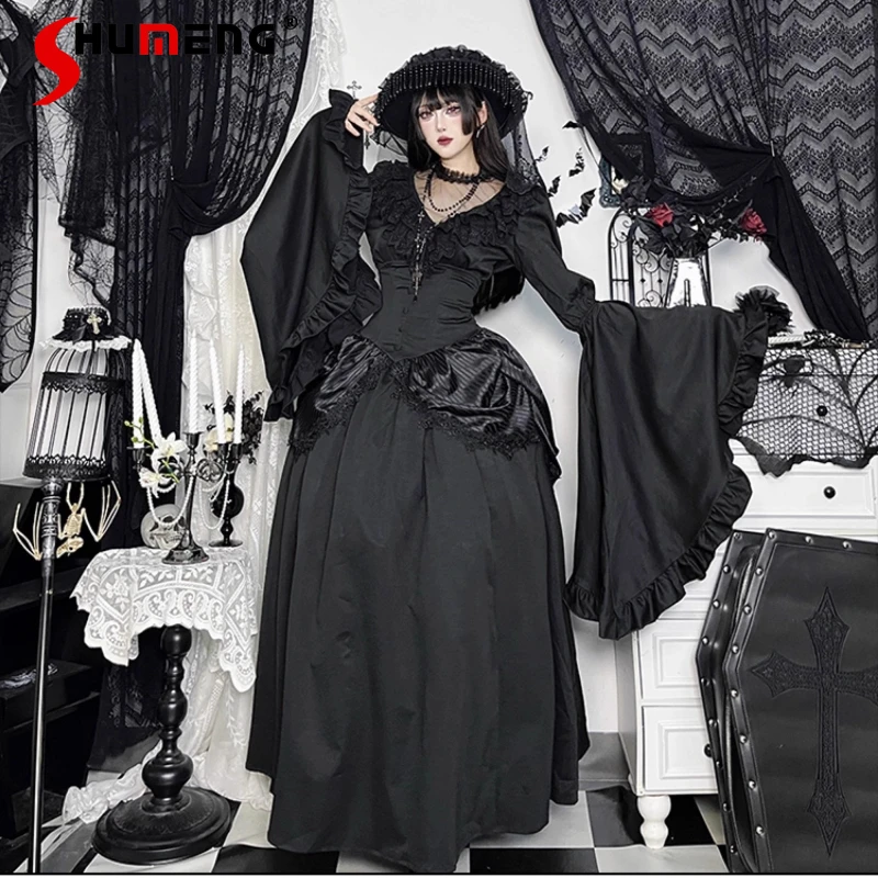 

2025 Autumn New Japanese Lolita Dark Witch Slim Fit Pumpkin Skirts Gothic Rojita Duchess Cosplay Top Blouse And Skirt Set Women
