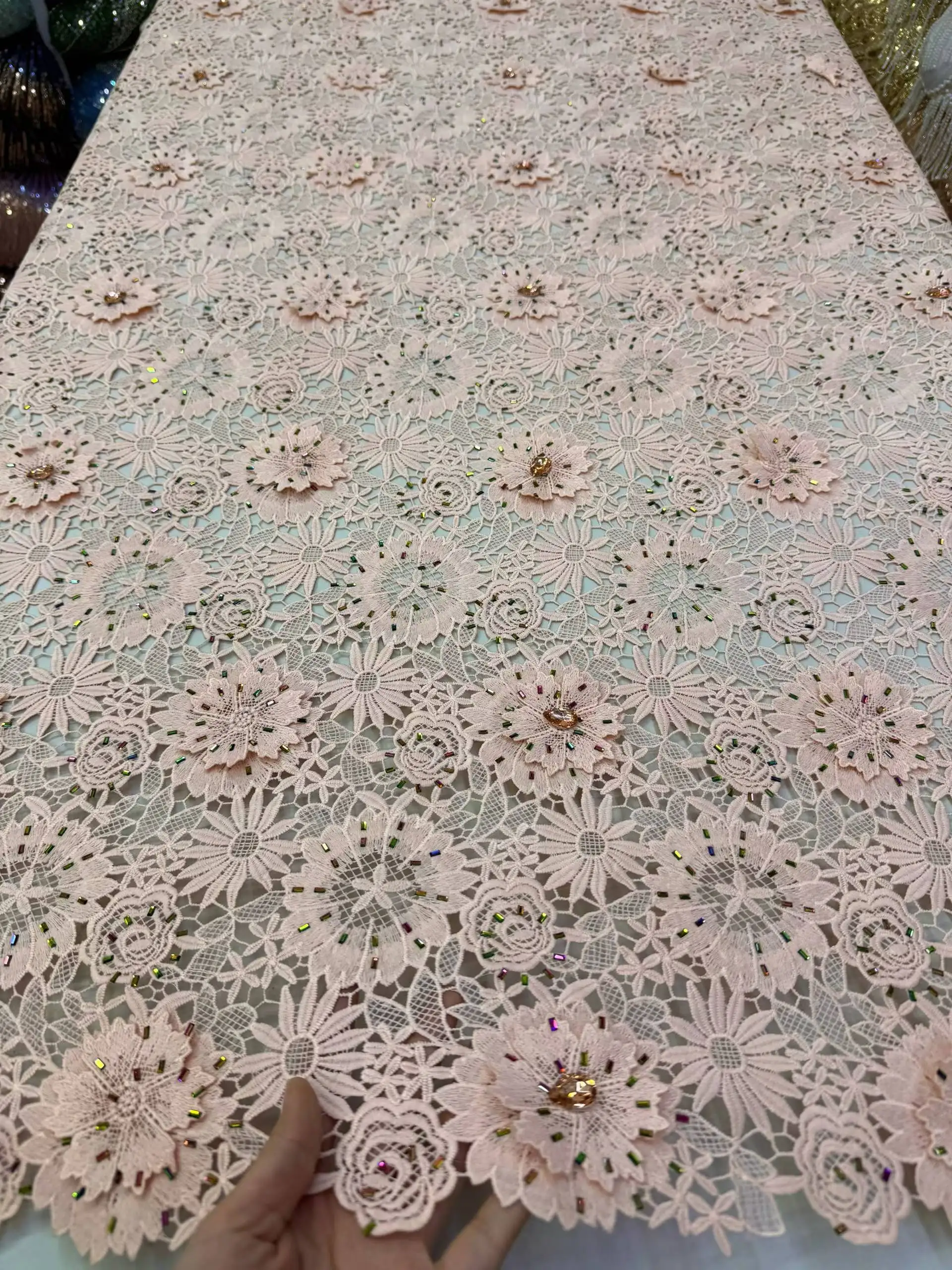 

African Guipure Cord Lace Fabric 2026 High Quality 5 Yards Nigerian Stones Milk Silk Lace Fabric For Women Wedding Party Dresses
