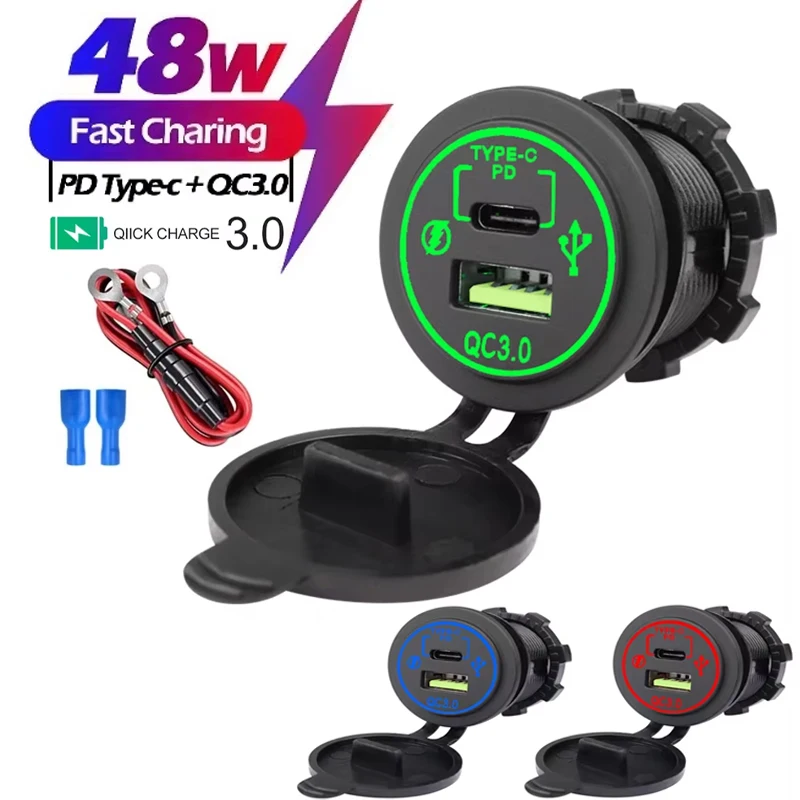 48W PD Type C/QC 3.0 Dual Car USB Charger Fast Charging Flame Retardant Waterproof Covered Truck Boat Motorcycle Power Adapter