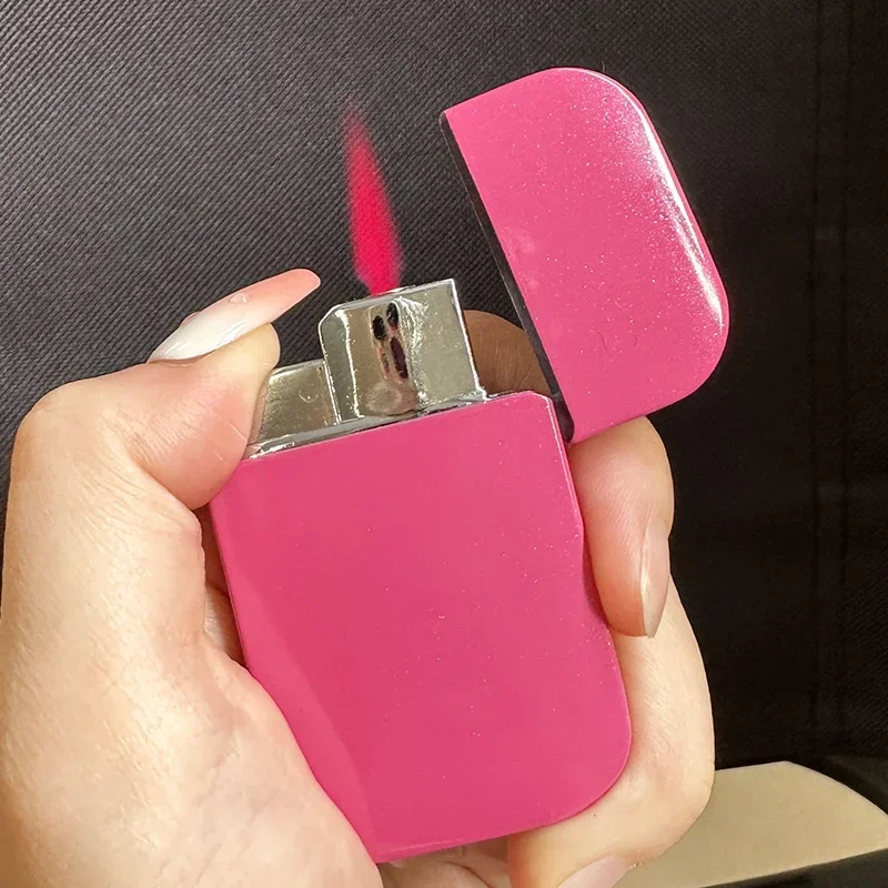 Ultra Thin Metal Inflatable Pink Flame Lighter Windproof Spray Butane Portable High Firepower Lighter for Women Smoking Gift