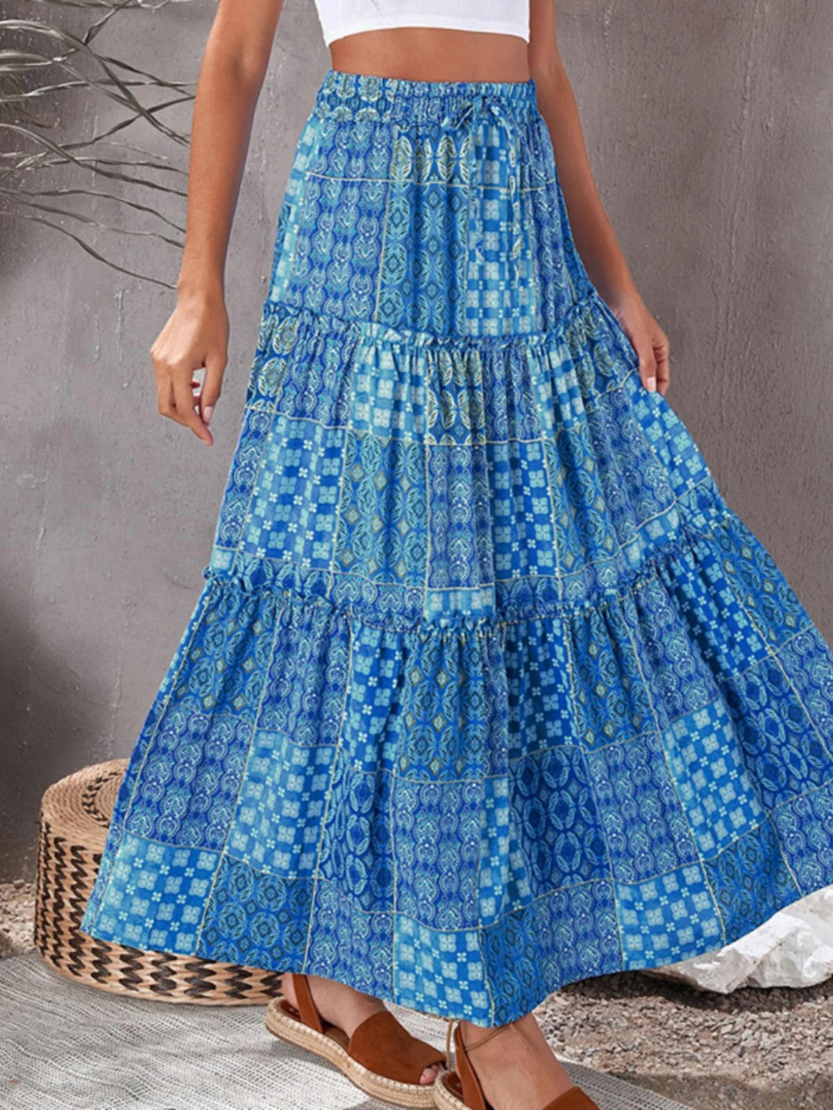 Bohemian Style Vacation Floral Print Waist-Cinching Half-length Skirt for Women High-waisted A-line Long Beach Dress