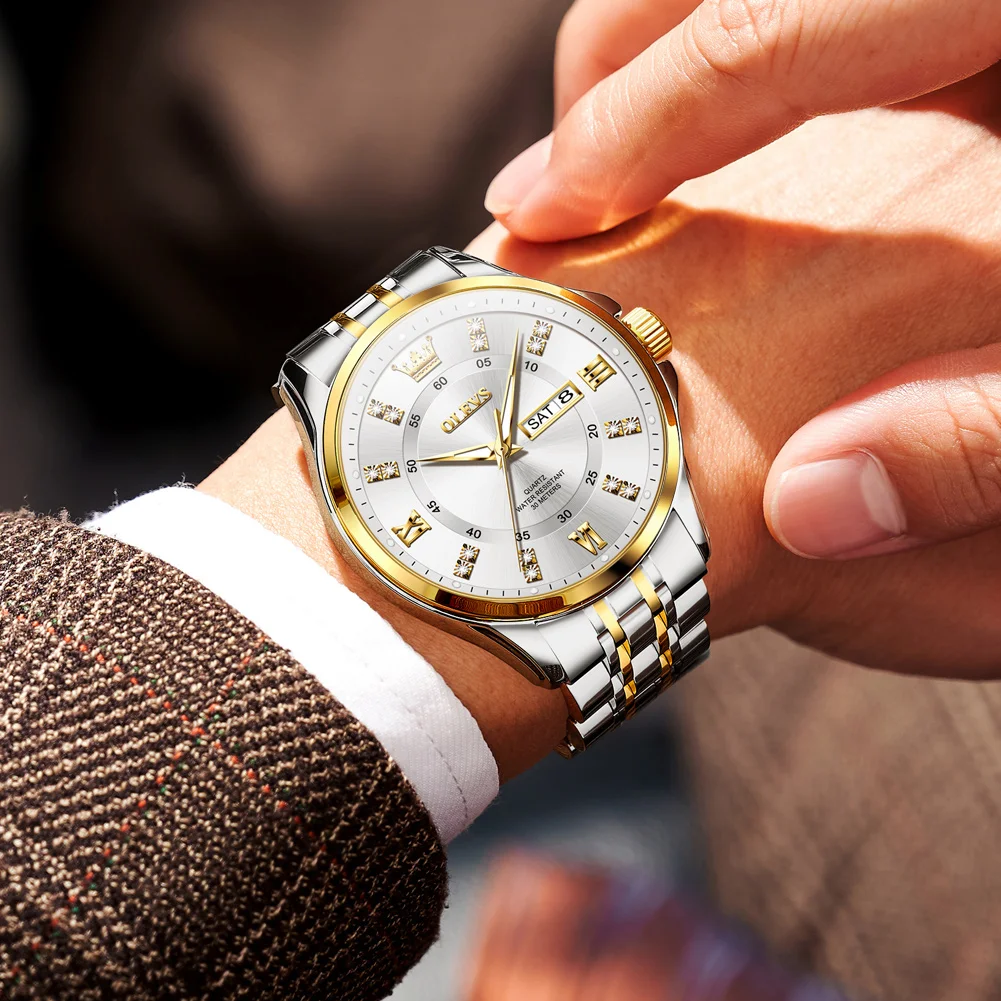 OLEVS Orologi da uomo di moda Trend Orologio al quarzo originale per uomo Orologio da polso impermeabile in acciaio inossidabile Data settimana Luminoso 3620