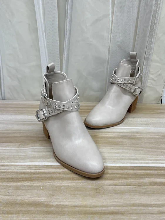 

Faionable ort Boots for Women with Belt Bule Pure Color Chunky Heel Versatile Pointed Toe Hollow out Design Korean Sle