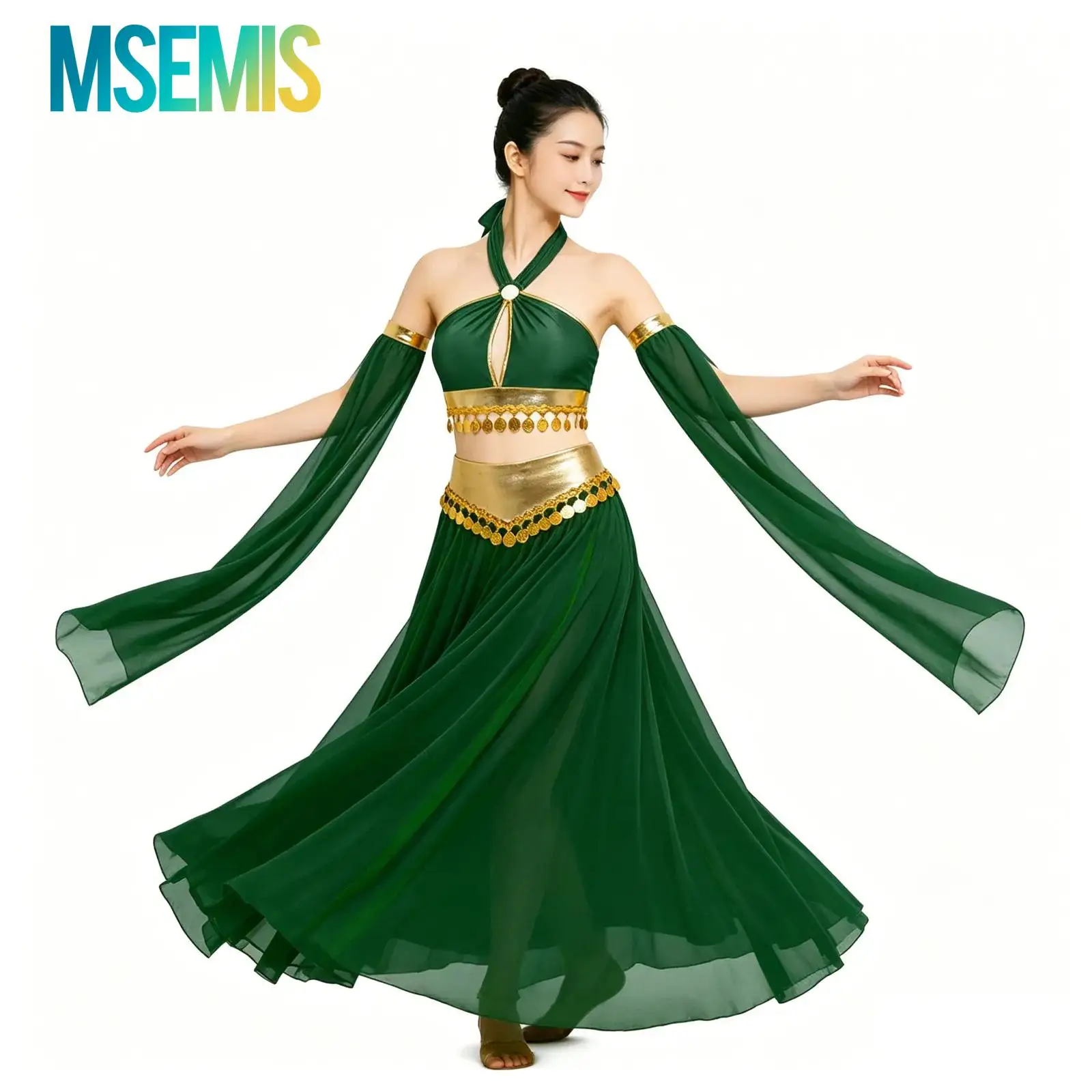 

Womens Arabic Oriental Indian Gypsy Belly Dance Performance Costume Sequins Hem Crop Top Chiffon Skirt Princess Cosplay Outfits