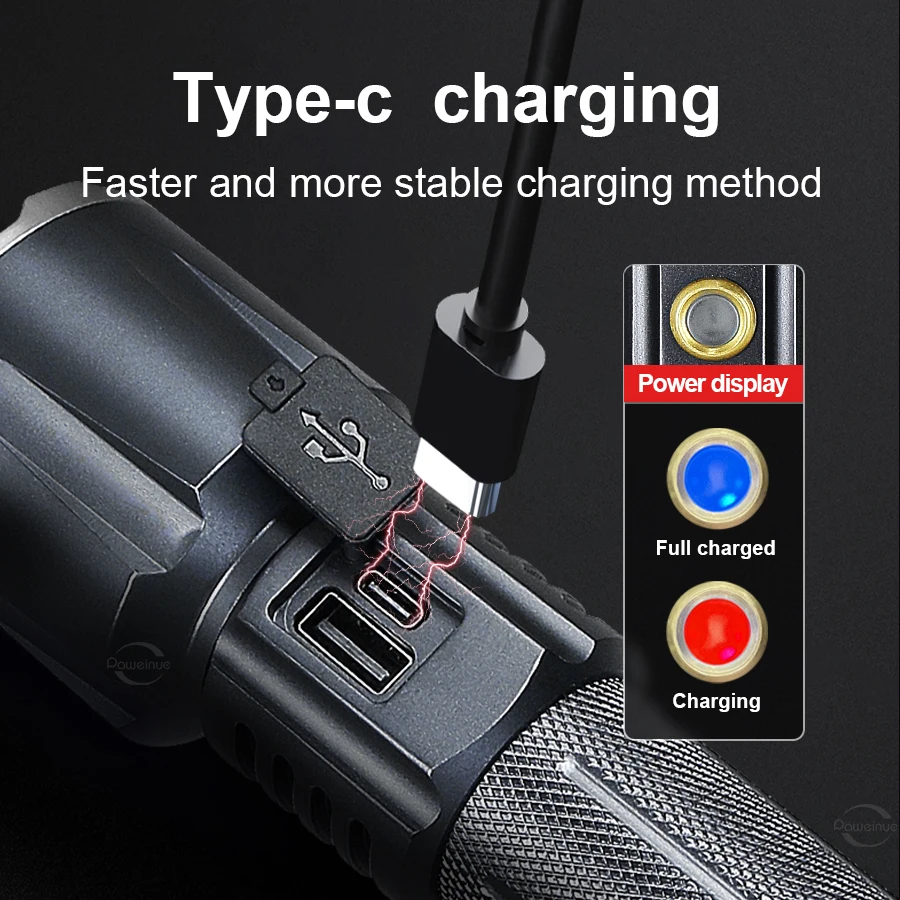 PAWEINUO Lanterna LED recarregável mais poderosa, tocha tática para pesca, caça, tipo c, lanterna de longo alcance 6000M