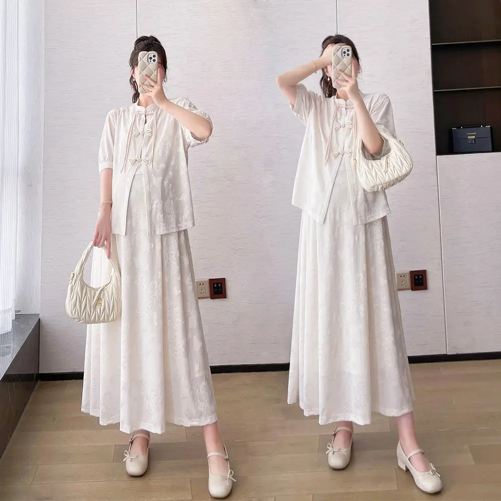 

2025 New Chinese Pregnant Women's Short Sleeve Dress Chinese Style Dress Suit Solid Color Jacquard Maternity 2-piece Set LH023