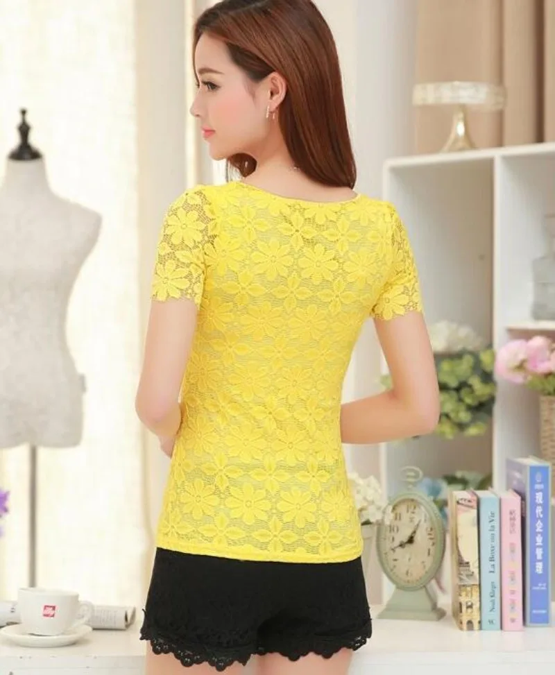 Summer Lace Women Blouse Shirt Casual Solid Hollow Clothing Top
