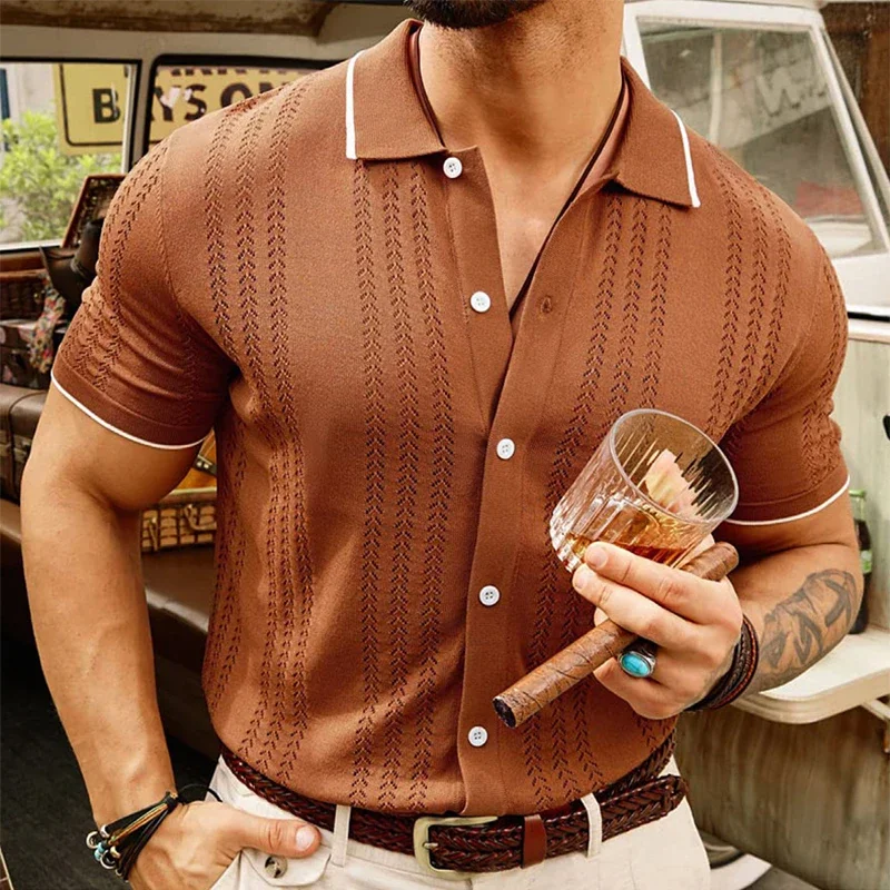 New Casual Mens Knitted Shirts Short-sleeved Slim Fit Button-up Lapel Knit Tops For Men Summer Trendy Knitting Shirt Streetwear