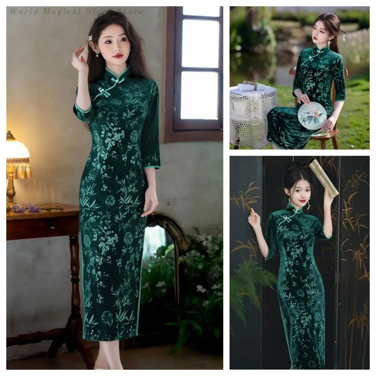 Elegant High-End Solid Color 3/4 Sleeve Modified Qipao Young Ladies Retro Stretch Plus Size Slim Fit Daily Cheongsam Dress