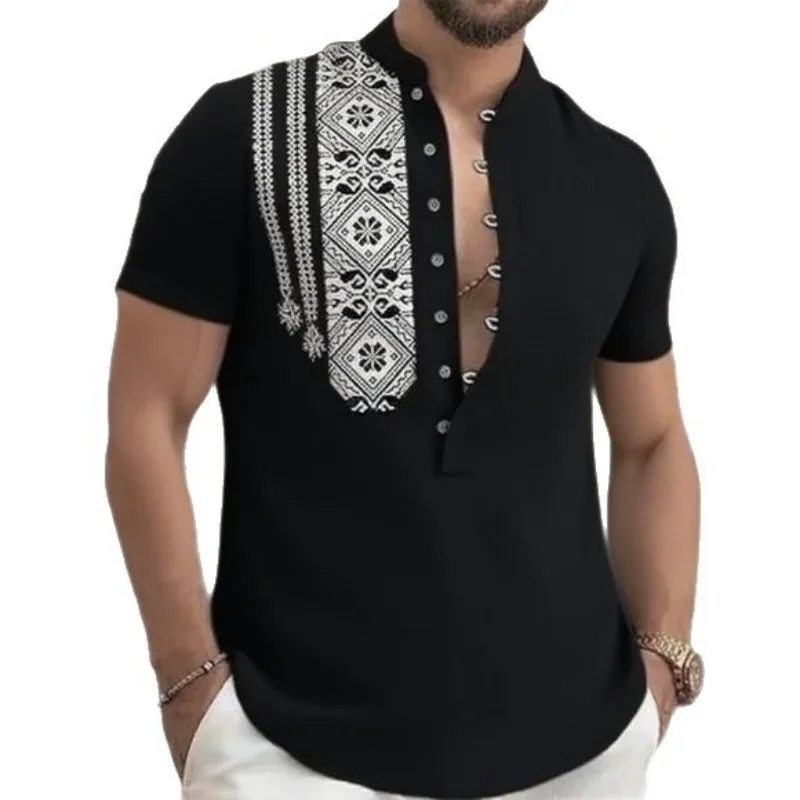 

Men's Ethnic Print Short Sleeve Henley Shirt Stand Collar Button Down Casual Vintage Tribal Pattern Tops