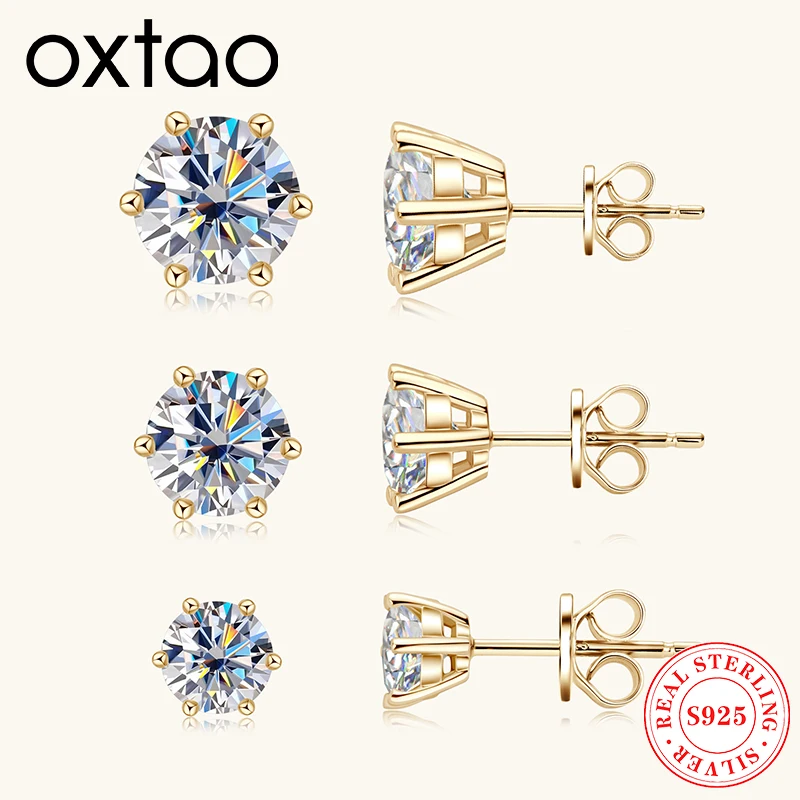 

OXTAO 18-каратное белое покрытие, серьги-гвоздики с муассанитом и бриллиантами 0,5-2 карата, настоящие свадебные серьги из серебра 925 пробы, роскошные женские ювелирные изделия, сертифицированные
