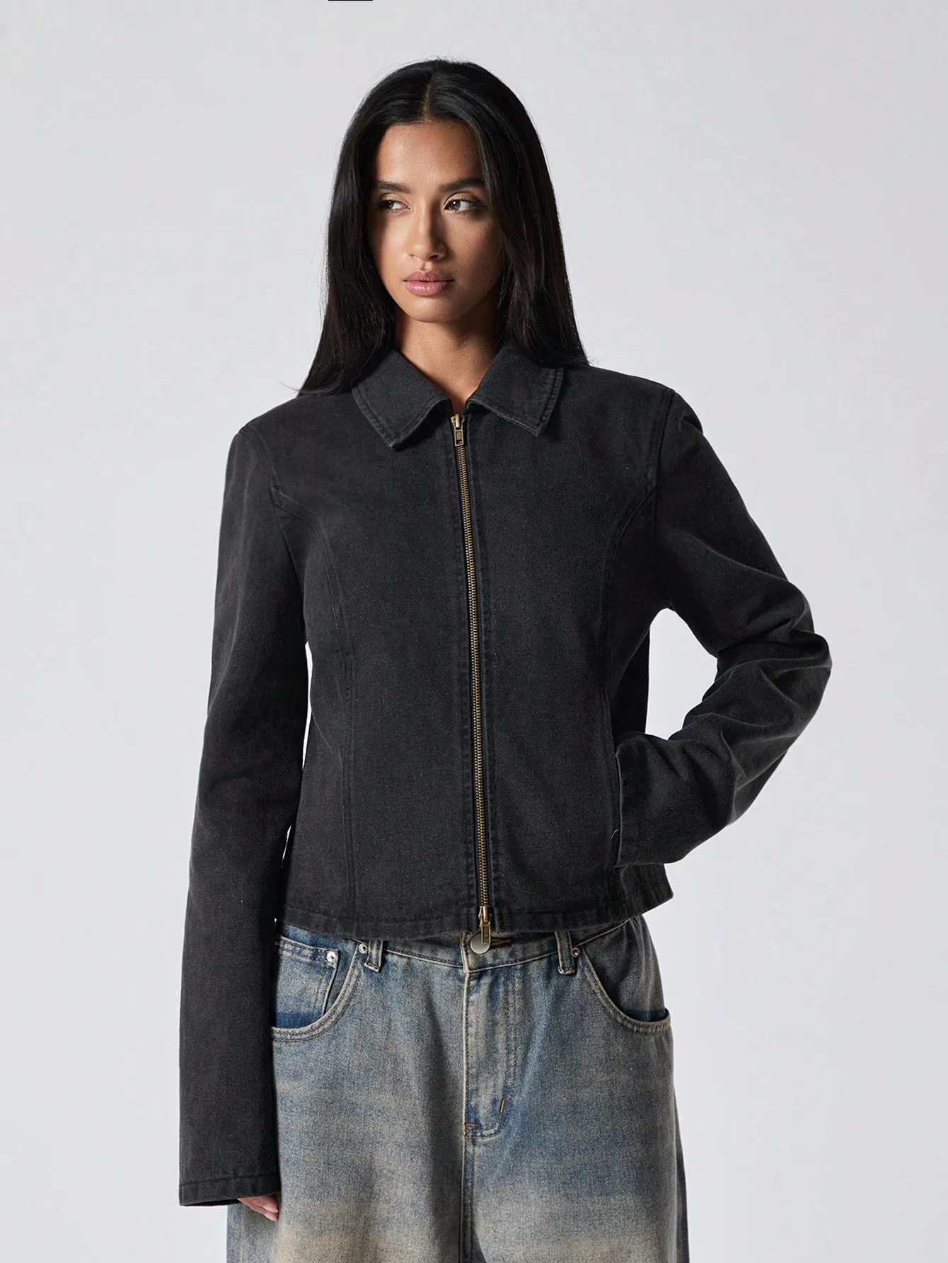 

Women's Black Washed Denim Cropped Jacket with Zipper, Casual Fall/Winter Style