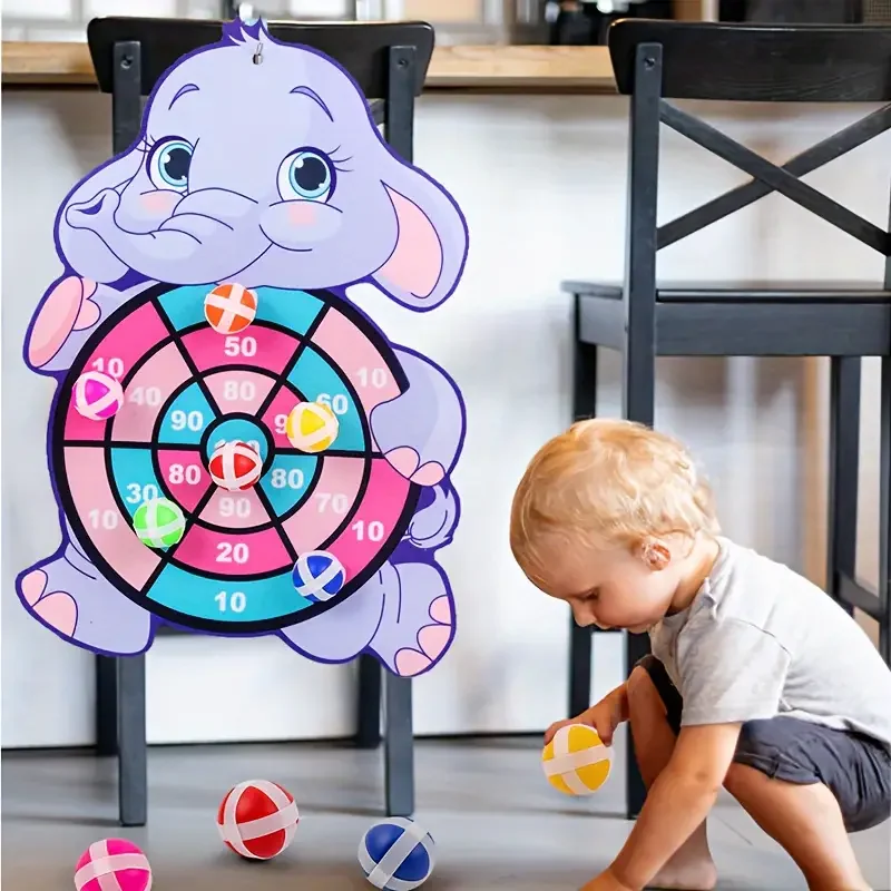Placa de dardo com bola pegajosa com tema de elefante, conjunto de brinquedos de dois pacotes, brinquedos divertidos favoritos das crianças, jogos interativos internos e externos