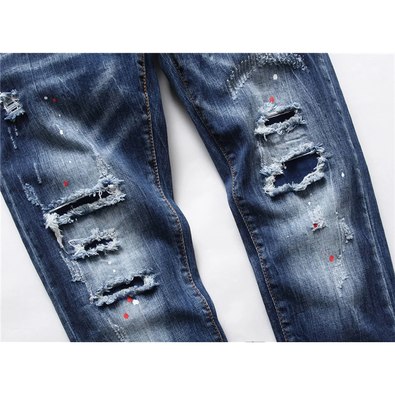 Chareiharper dsq 1090 men`s jeans High end indigo multi-hole thread cloth heavy process abrading hand-painted whitewash paint