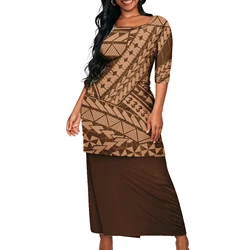 Polynesian Tribal Island Short Sleeve Dress Samoan Puletasi Maxi Dress Lady 2pcs Plus Size Women's Wear
