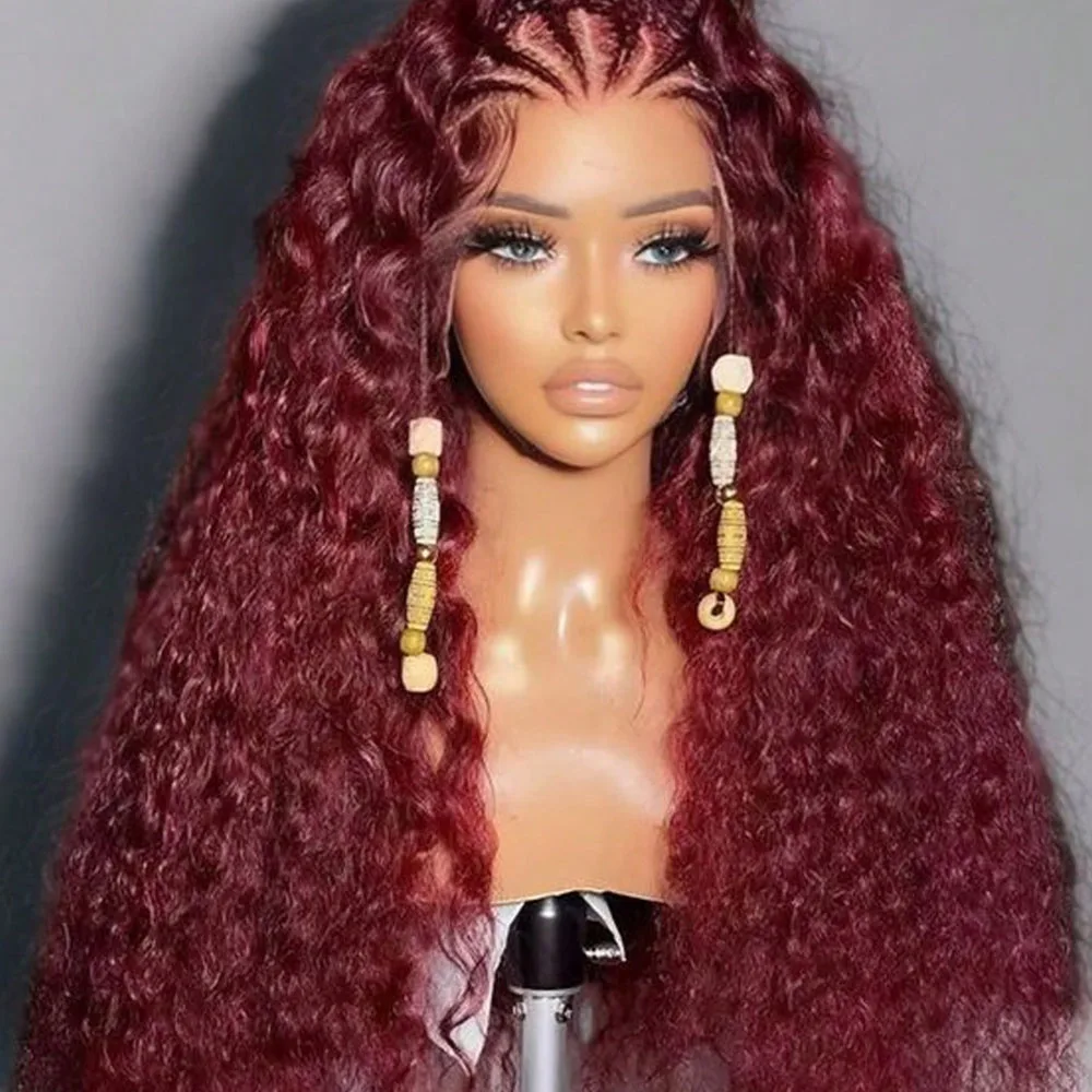 16～34インチ-99j-バーガンディ-13x4-hdレースフロントウィッグ-レッドカラー-ディープウェーブ-フロントウォーターカール-人毛ウィッグ-女性用-200-密度