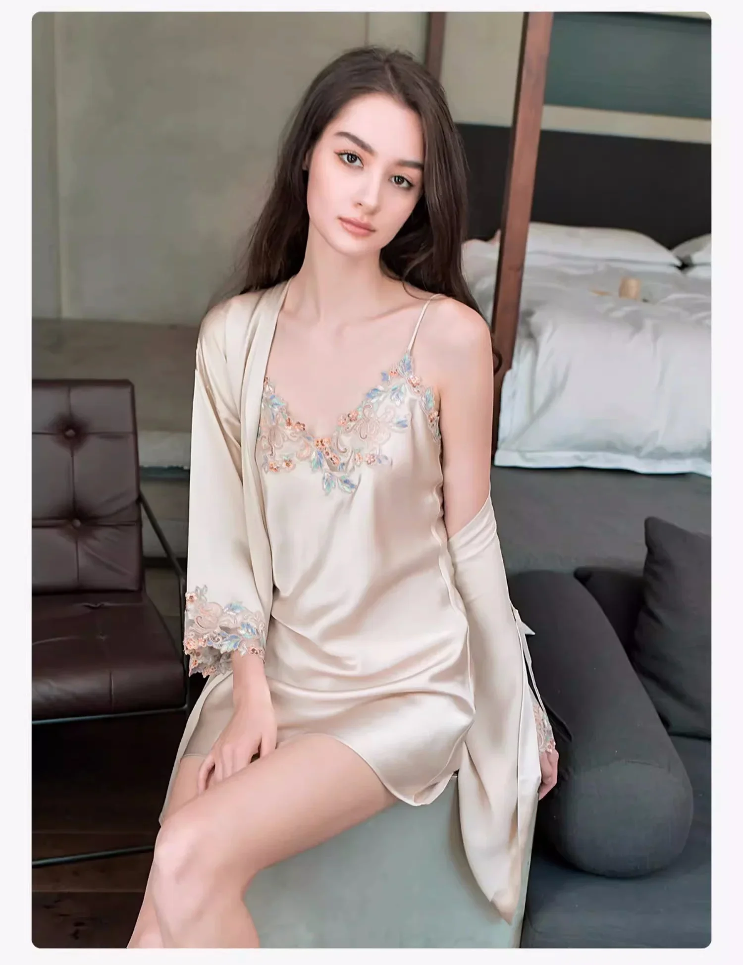 100% Mulberry Silk Long Sleeve 2-Piece Robe With Nighgown Set Embroidery Lace V Neck Women's Kimono Bathrobe Nightwear PJ Robes
