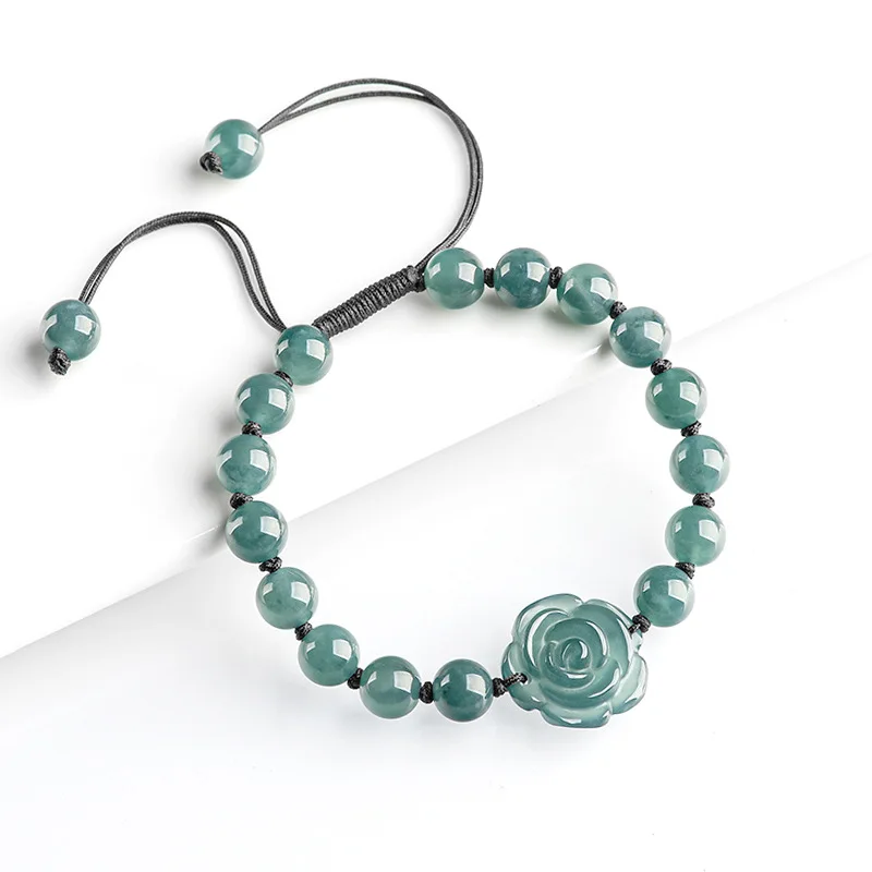 Natural Jade Blue Flowers Round Beads Adjustable Size Bracelets Charm Jewelry Men Women Fashion Accessories Holiday Party Gifts