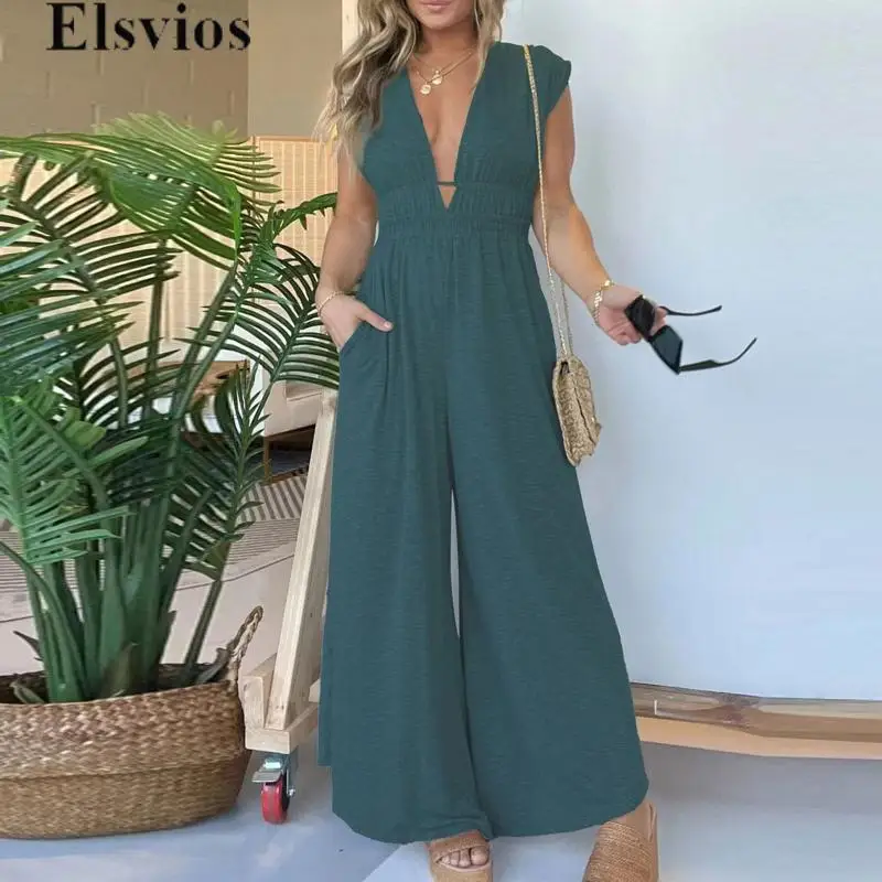 

Elegant New Solid Waist Overall Women Deep V-neck Sleeveless Long Jumpsuit 2024 Summer Office Ladies Wide Leg Pants Combination