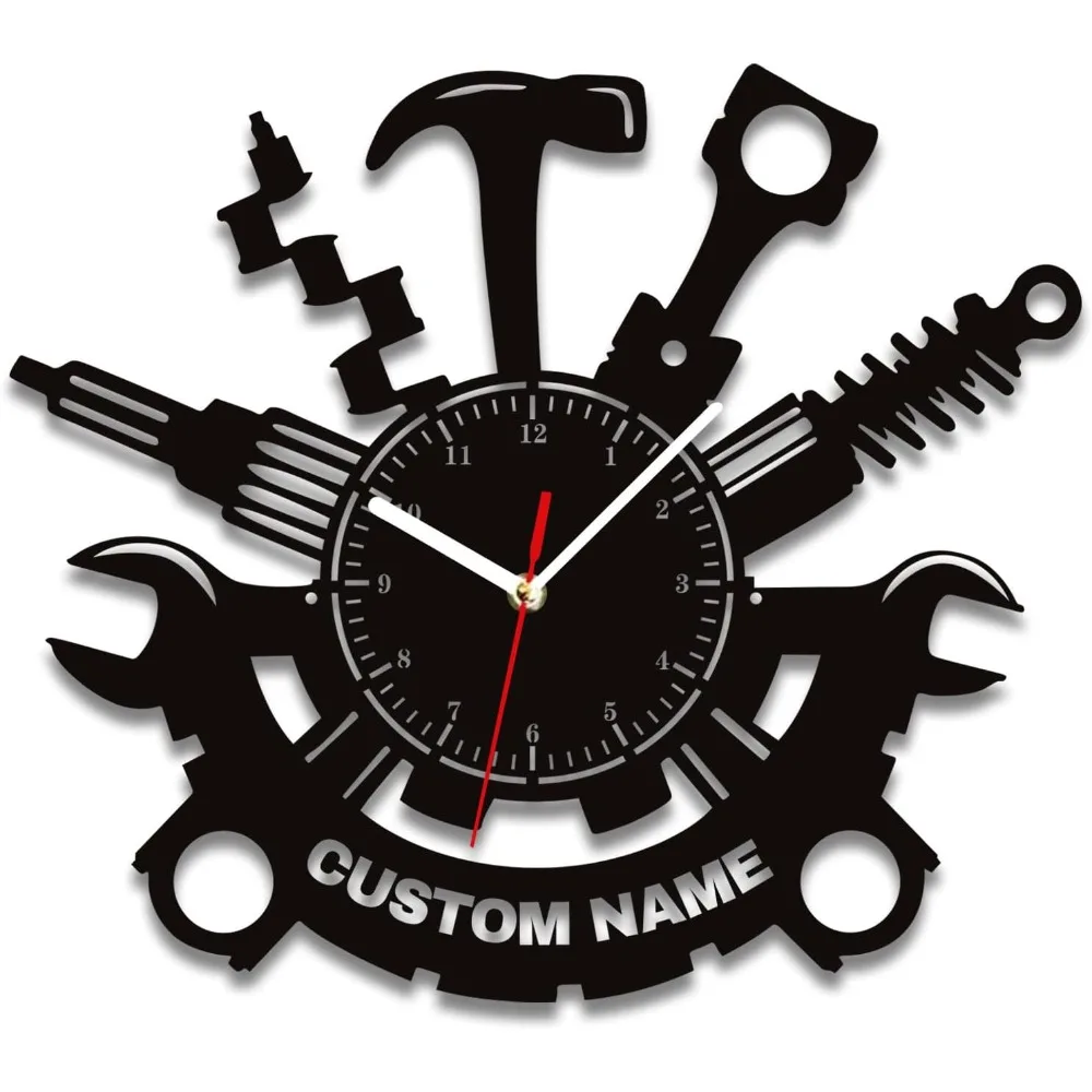 Personalized Repair Mechanical Tools Vinyl Wall Clock Custom Name Text Men's Room Decoration Garage Wall Sign Watch Men's Gift