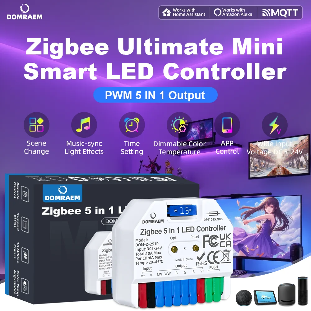 DOMRAEM Mini Zigbee 5 In 1 RGBCCT RGBW RGB WW CW LED Controller 15A Pluggable Fuse DC5-24V Smart Dimmer Works With Alexa Tuya HA