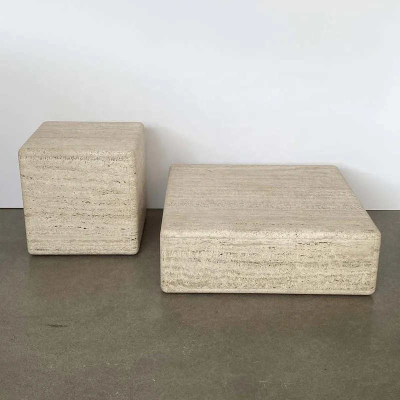 Simple modern natural marble stone living room side table square designed travertine coffee tables wholesale customization