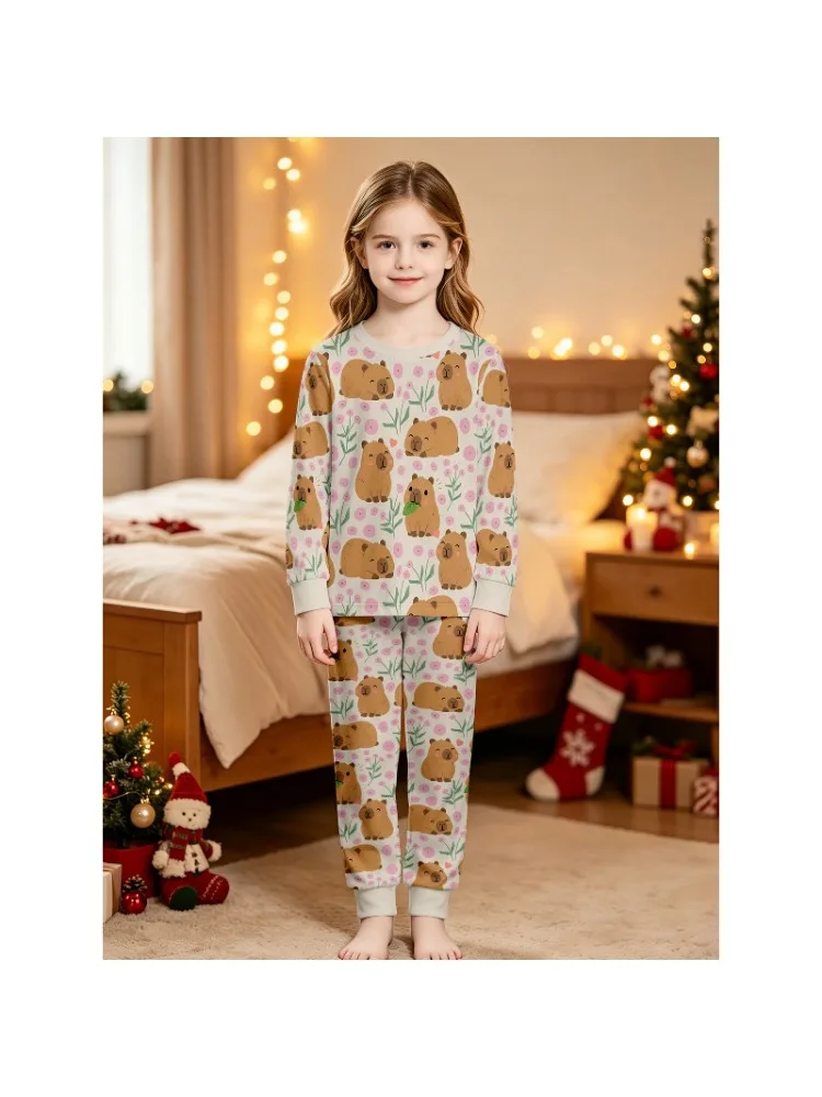 Girls Long Sleeve Crew Neck Pajama Set, Assorted Capybara Halloween Highland Cow MJ Prints, Perfect Birthday Xmas Gift