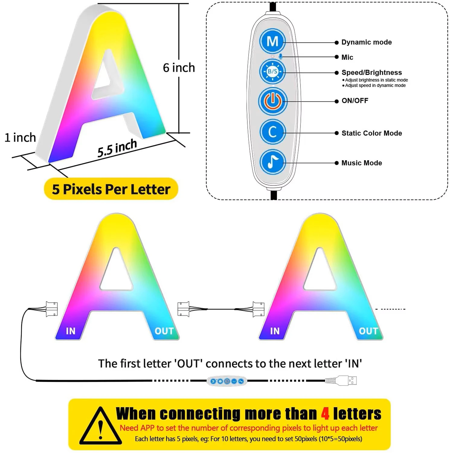1PC Smart LED Letter Light - DIY RGB Marquee App Control Music Sync Indoor Sign Game Holiday Party Wedding Graduation Season A-Z
