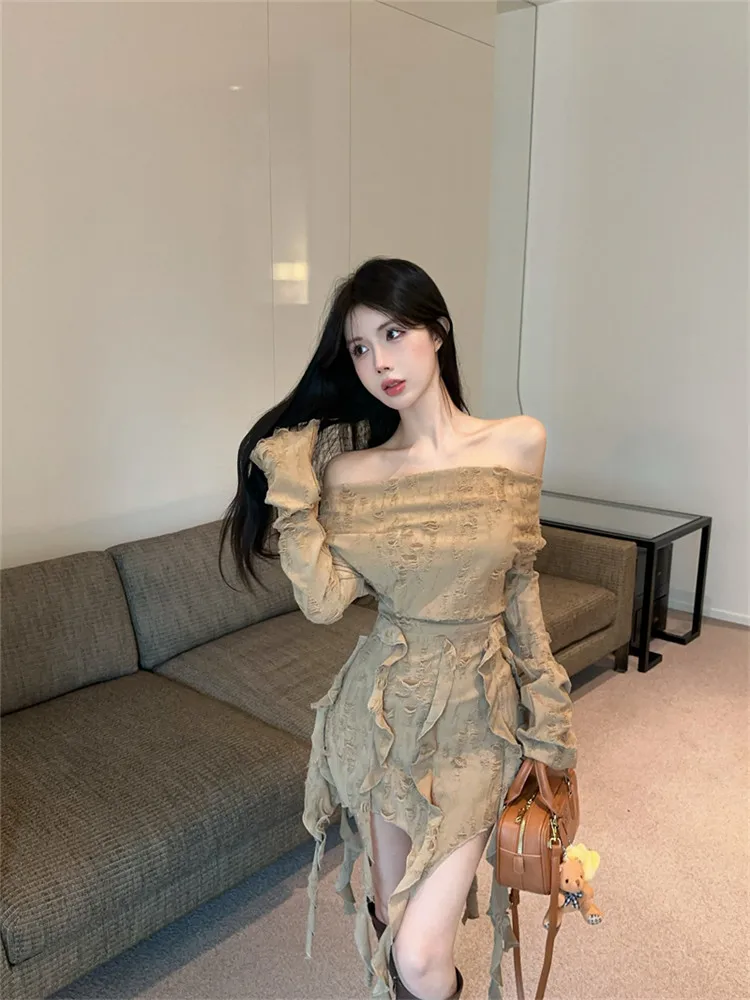 Wasteland Punk Style Fashion Ripped Irregular Mini Dress Slash Neck Women 2025 New Spring Ruffles Ribbon Long Sleeve Short Dress