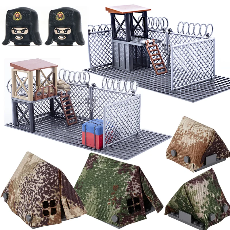 Military Scene Accessories Camp Sentry Tent Building Blocks Snow Army Soldiers Patrol Figures Fence Barbed Wire Mini Bricks Toys