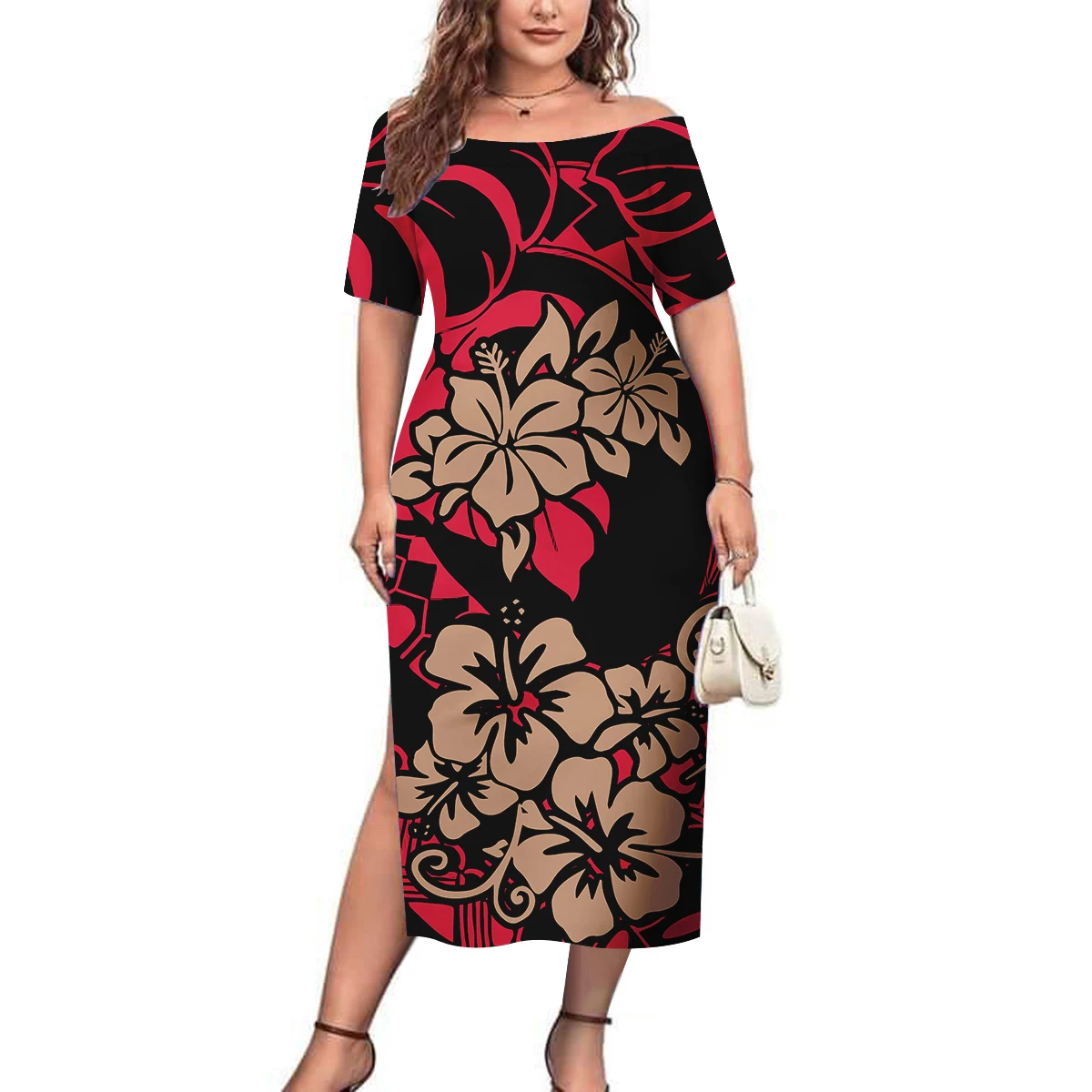 

Customwomen'S Dressretro Art Patternpolynesian Hibiscus And Frangiecti featuringone-Shoulder Sexy And Slimming Long Dress
