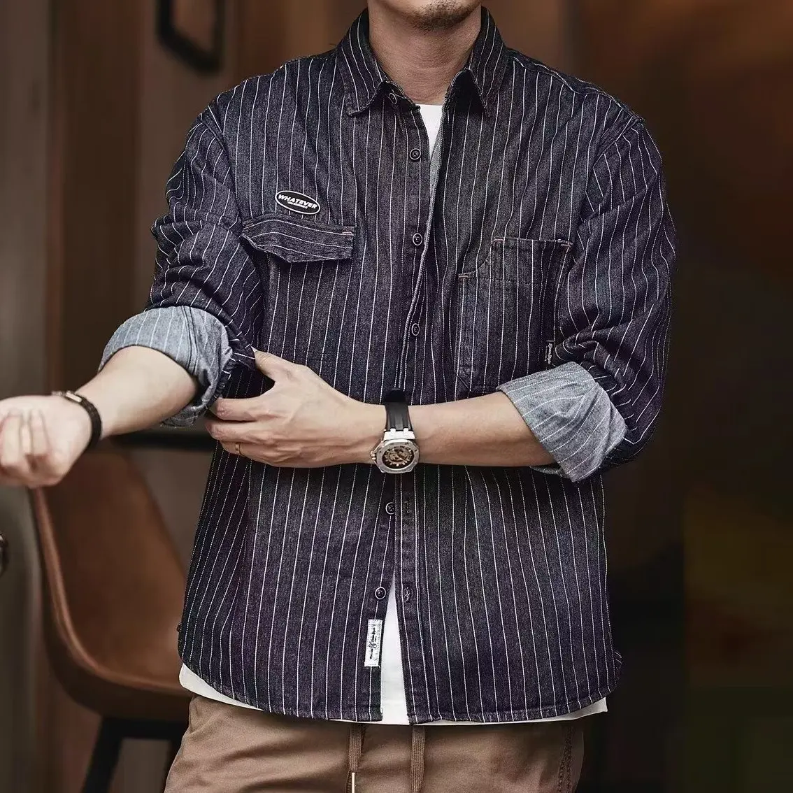 

Retro American Stripe Texture Washed Denim Shirt Men's Spring Autumn Loose Casual Jacket Trendy Outerwear Youth Popular
