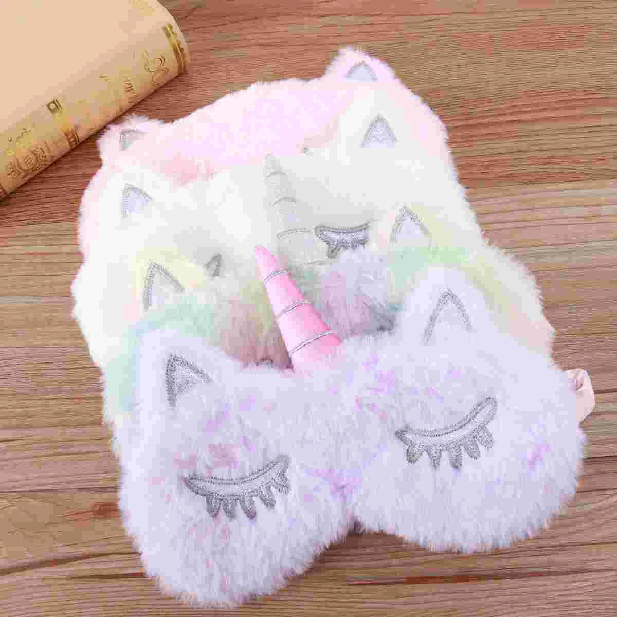 4pcs Plush Eye Mask Cover Eyeshade Unicorn Horn Blindfold for Sleep Nap Travel (White + Purple + Gradient Five Colors + Pink)