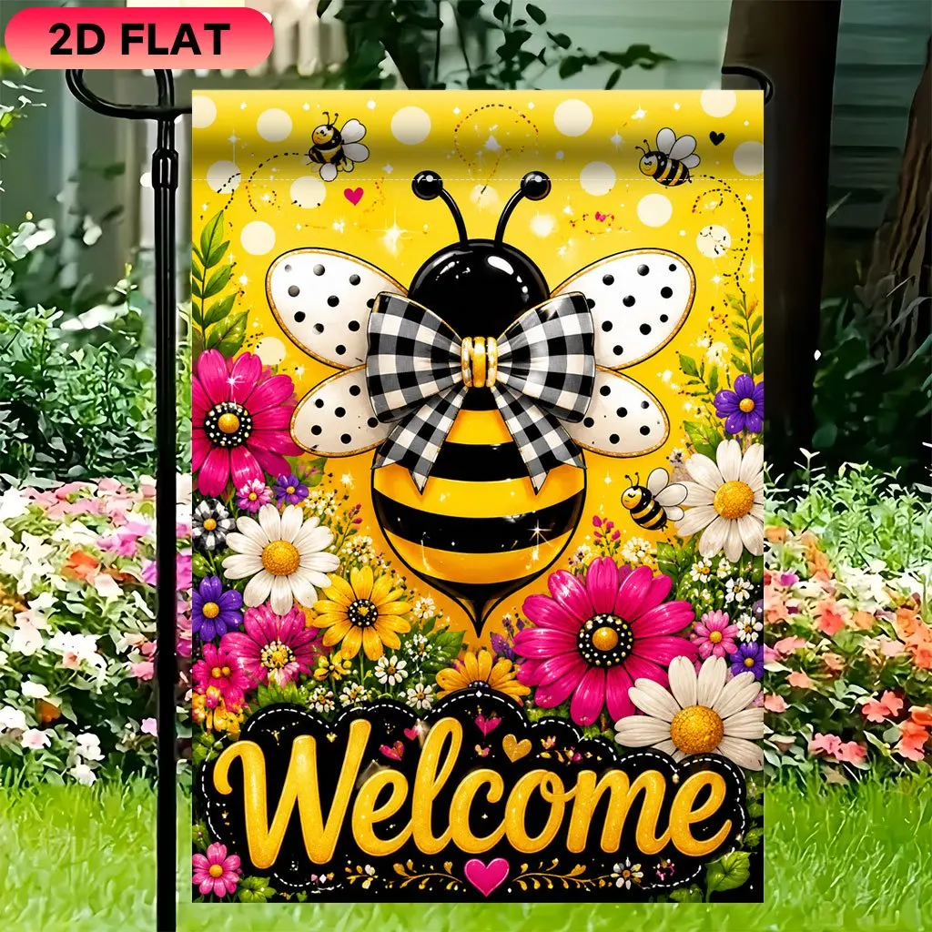 2D Flat - 2D Flat Garden Flag 1pc, Bee Welcome Garden, Made of Durable Polyester, Perfect for Decorating Gardens, Lawns, Terraces, Residences, Outdoors, and Beaches, Suitable for Summer Festival Celebrations (Flagpoles Not Included).