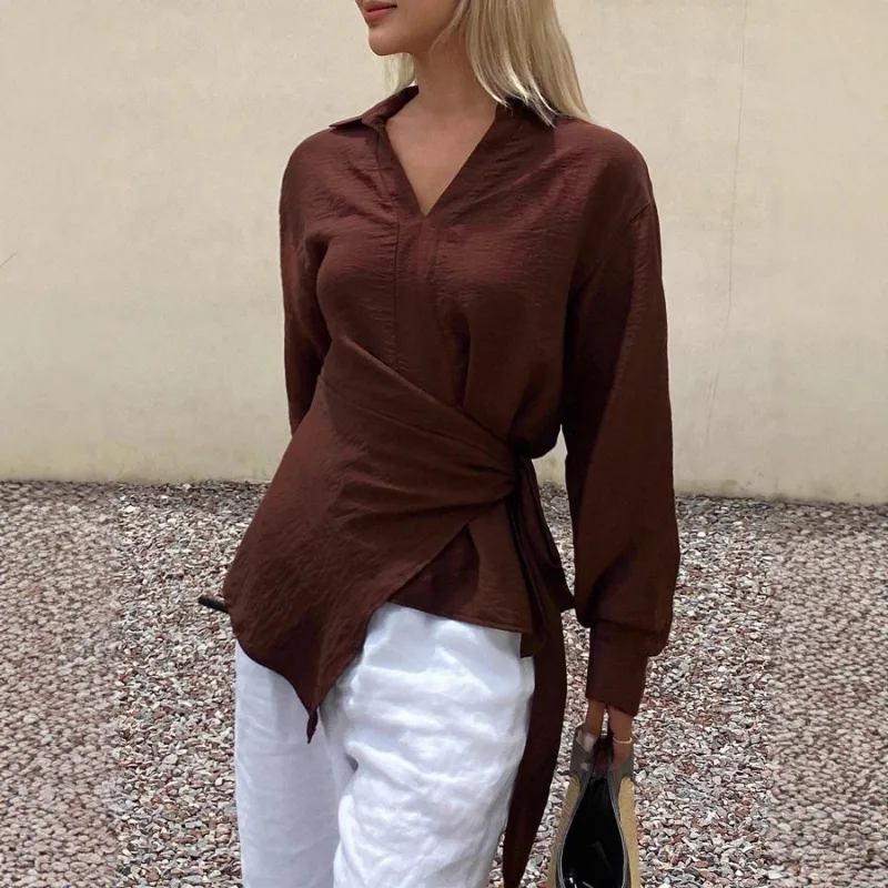 

Irregular Lace Solid Color Long-sleeved Shirt for Women New Waist Style Loose Casual Retro Top