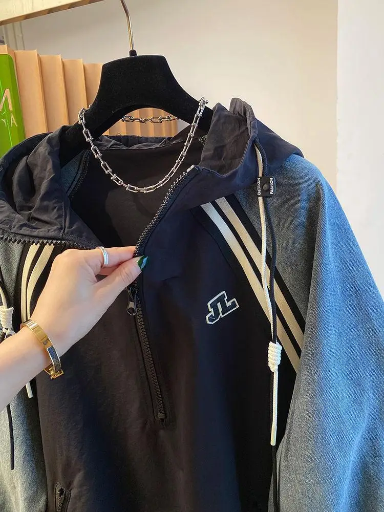 

American Denim Patchwork Half Zip Hooded Sweatshirt For Women, Versatile And Loose Short Top For Autumn And Winter
