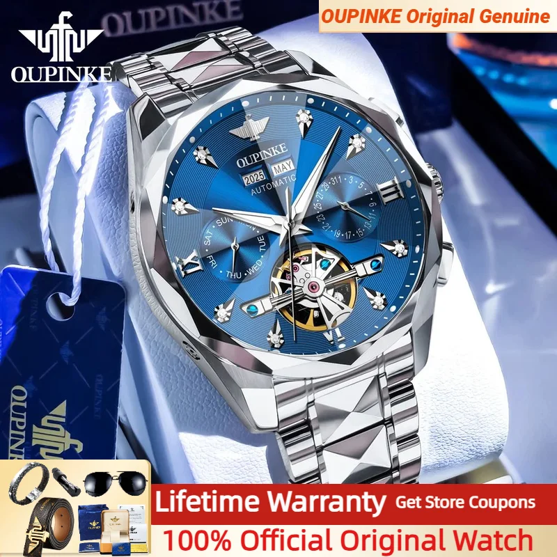 

OUPINKE 3316 Multifunctional Watch Man Flywheel Hollow Waterproof Tungsten steel Automatic Mechanical Men's Watch