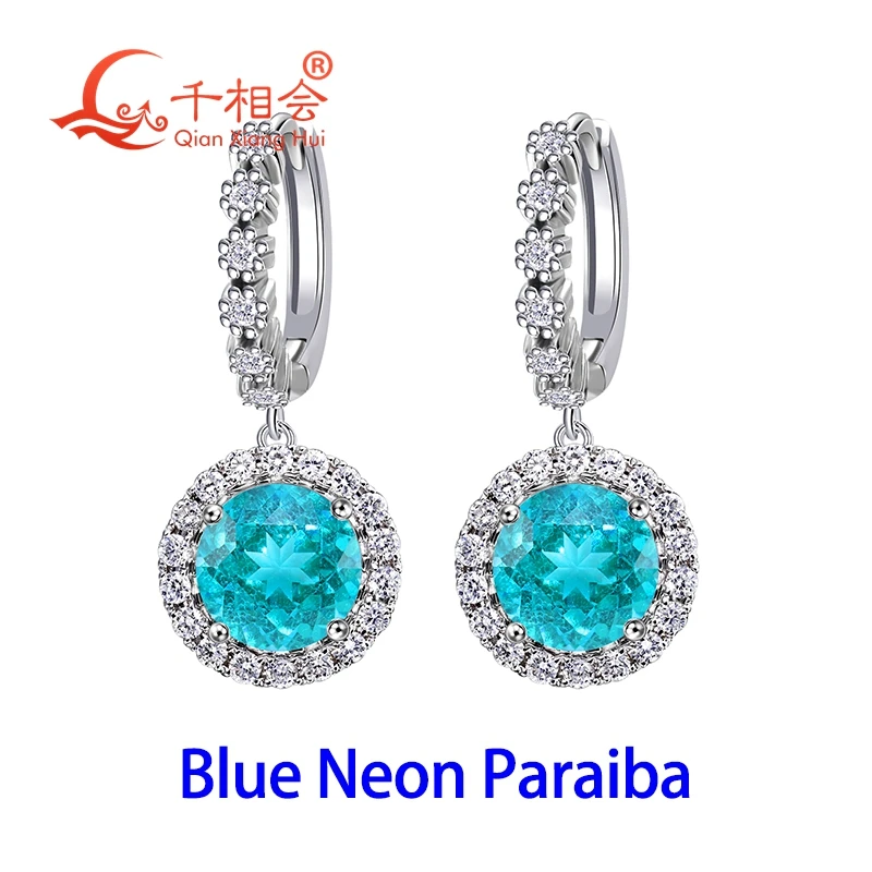 

lab grown neon blue Paraiba / green YAG 6.5mm 1ct halo round shape 925 silver stone ear stud Earring gift dating women wedding