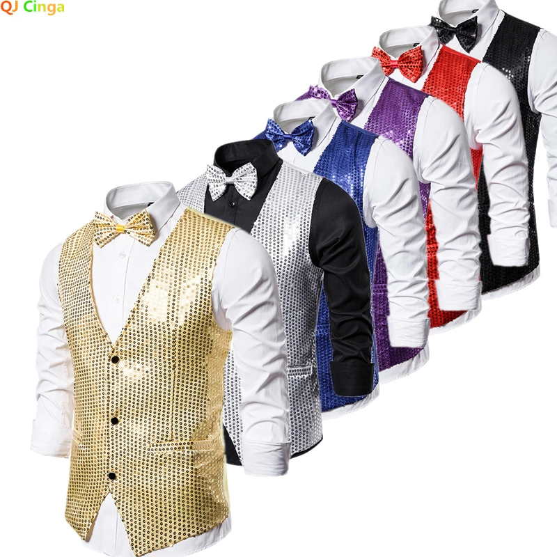 Gilets à col en V à simple boutonnage pour hommes, manteau à paillettes dorées, gilet de fête de mariage, argent, bleu, violet, rouge