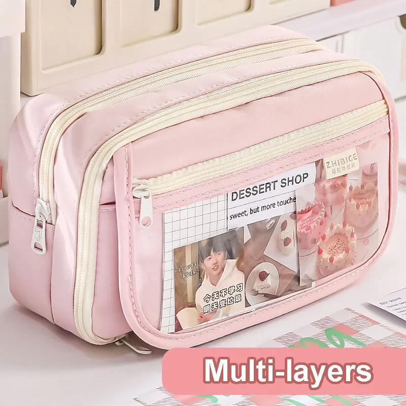 Kawaii الوردي مقلمة متعددة الطبقات طالب القرطاسية القلم حقيبة أنيقة صندوق القلم الإبداعي الطلاب العودة إلى المدرسة لوازم مكتبية