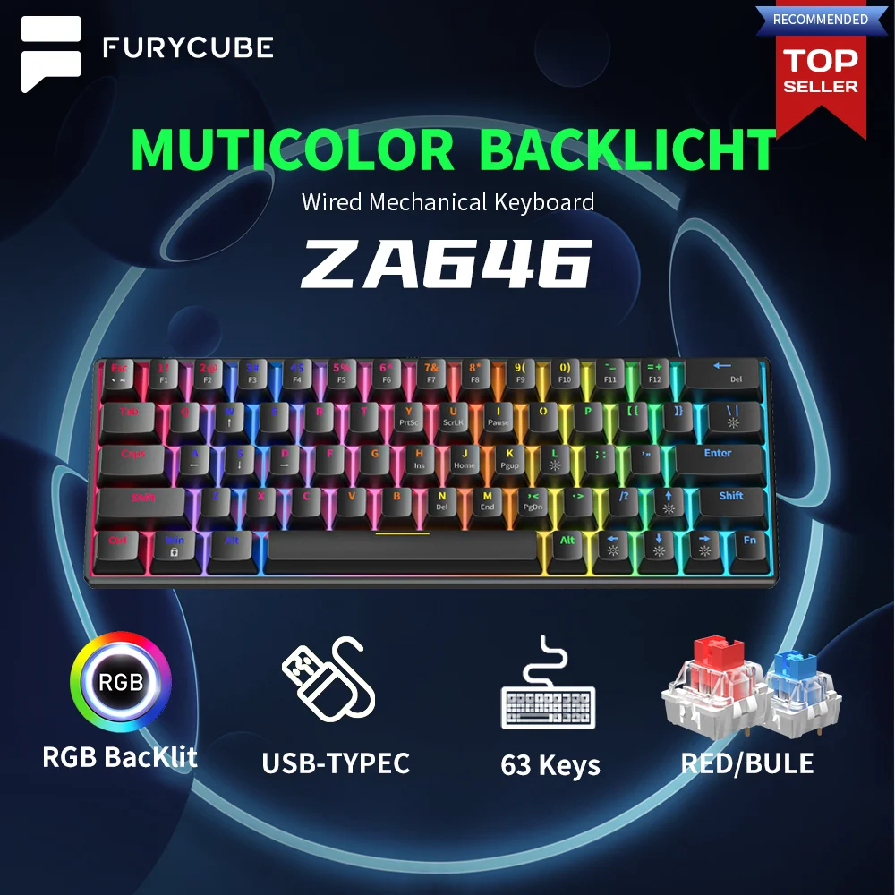 

FURYCUBE 63 Keys ZA646 Mechanical Keyboard RGB Mixed Light Wired Gaming Keyboards Detachable USB Type-C Hot Swappable Mini 60%