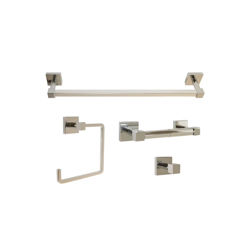 4-Piece Bathroom Hardware Accessory Kit Polished Chrome Towel Bar Ring Toilet Paper Holder Robe Hook EZ Anchor Mounts Durable