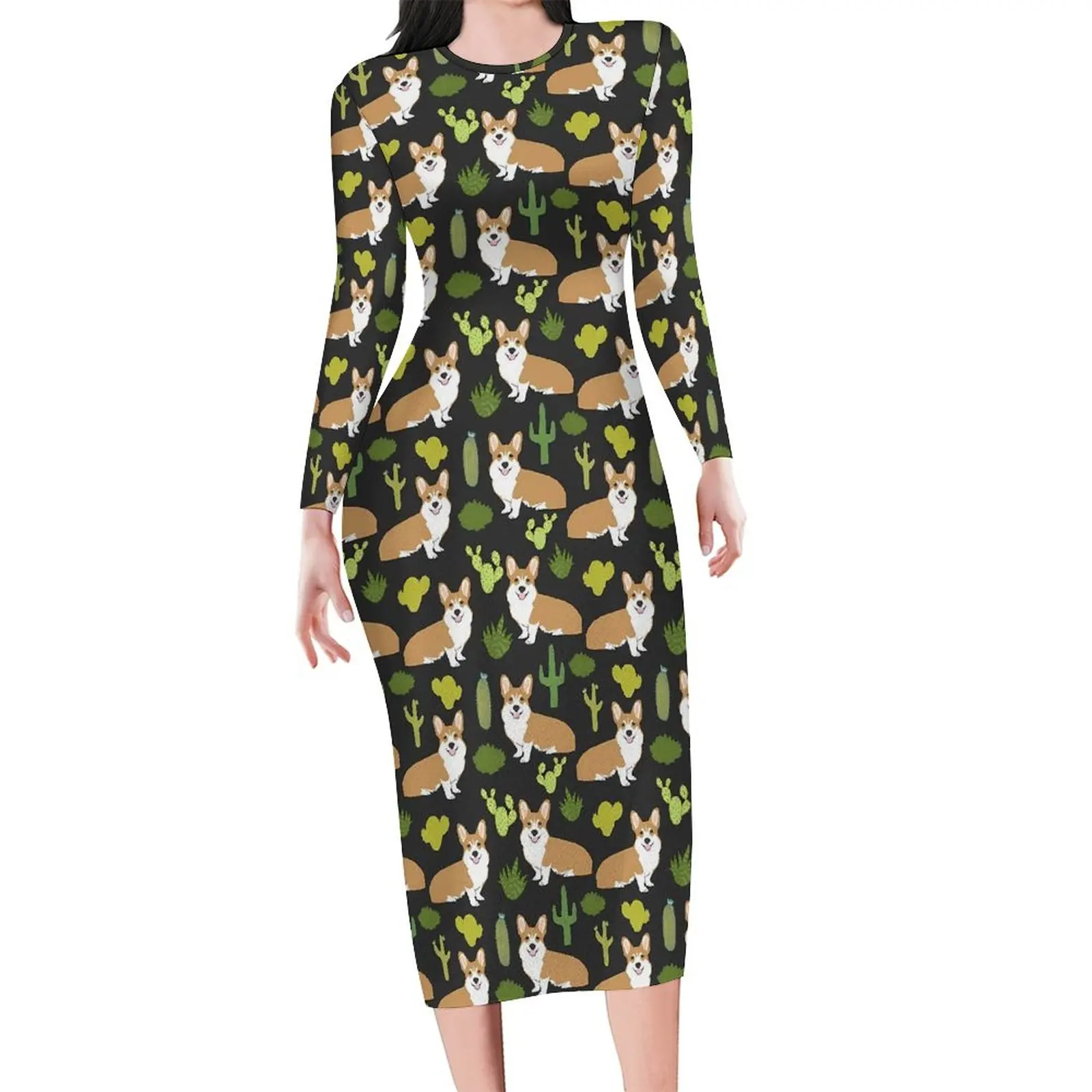 Cute Corgi Bodycon Dress Ladies Cactus Print Trendy Dresses Autumn Long Sleeve Street Wear Pattern Dress Big Size