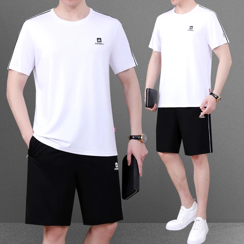 

Ice Silk Sports Set for Men Summer Qui Dry ort Sve T-irt orts Casual Lightweight Sportswear Thin Model Middle Age