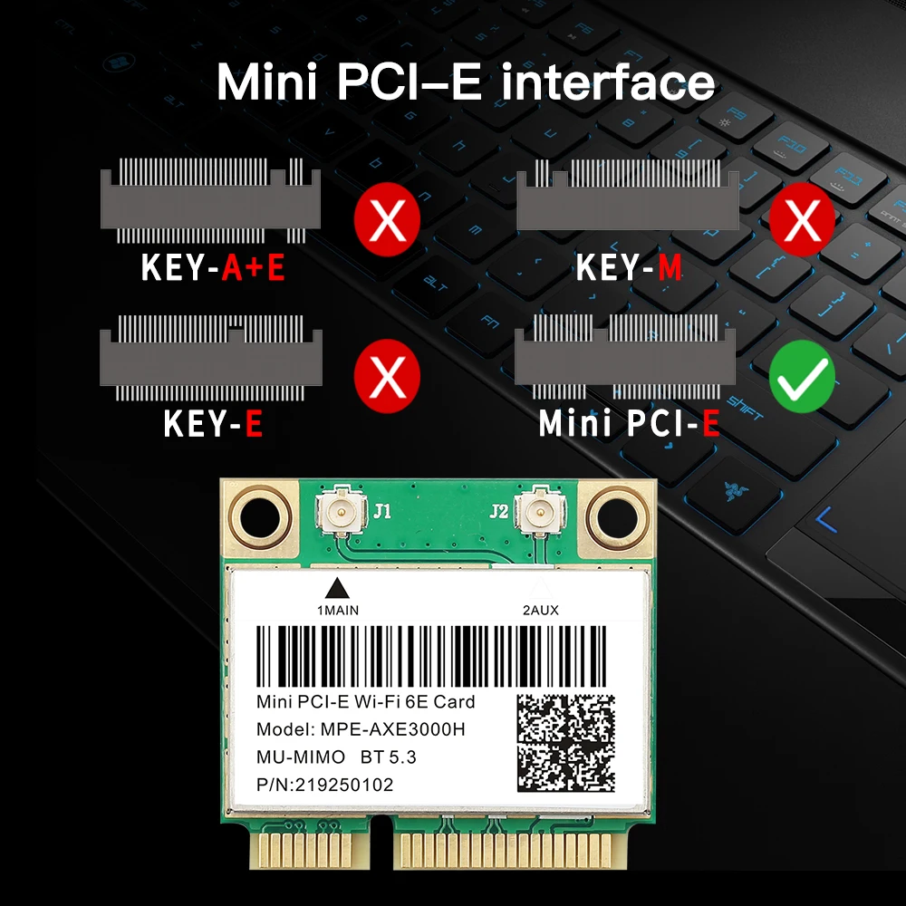 Fenvi-ミニカードWi-Fi,ワイヤレスネットワークアダプター,Bluetooth 5.3,802.11ax,MPE-AXE3000H, 5374Mbps, 2.4g,5g,6ghz,wifi 6e