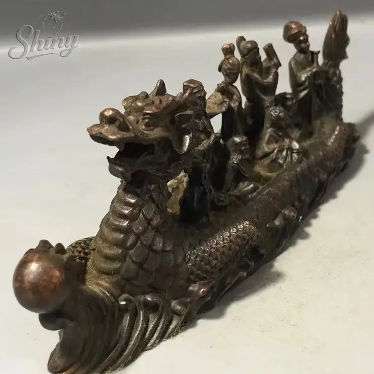 Antique Bronze Eight Immortals Dragon Boat Statue - Chinese Fengshui Figurine Set for Home Office Decor