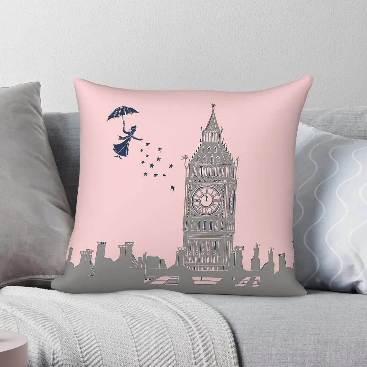 Mary Poppins Flying Over Big Ben Square Pillowcase Polyester Linen Velvet Pattern Zip Decor Pillow Case Sofa Cushion Cover